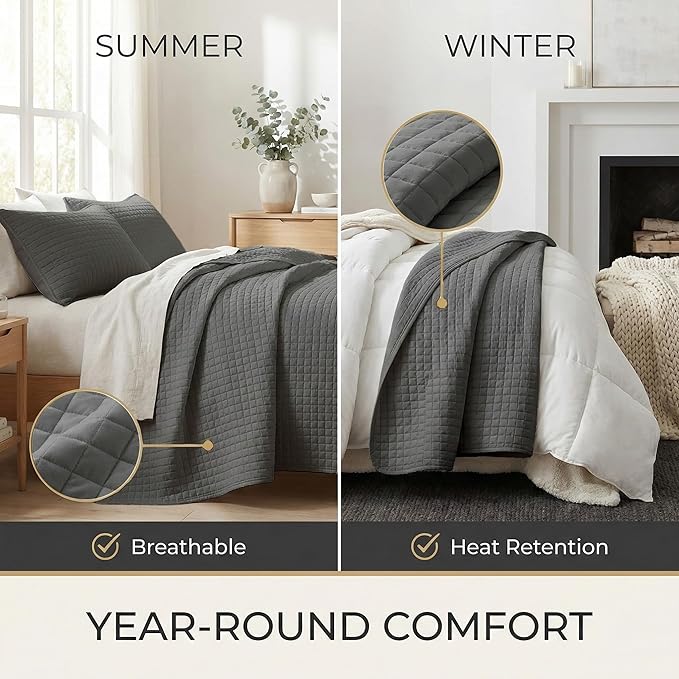 Southshore Fine Living, Inc. Summer Bedspreads, Queen Size Set, Full/Queen Quilt Bedspread with 2 Matching Pillow Shams, Soft Microfiber Lightweight Quilts Coverlet, Easy Care, Slate Grey