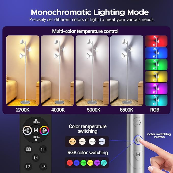 36W RGBCW Floor Lamp, Color Changing LED Tree Floor Lamp, Stepless Dimmable Tall Standing Lamp with Remote & Touch Control, 2700K-6500K Modern Floor Lamps for Living Room, Bedroom, Gaming Room -Silver