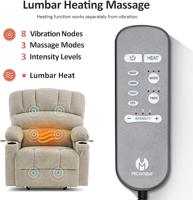 MCombo Oversized Power Lift Recliner Chair for Elderly, Lift Chair with Heat and Massage, Lift Recliner for Big and Tall, Cup Holders, USB & Type C Ports, Fabric R7092 (Beige, Oversize)