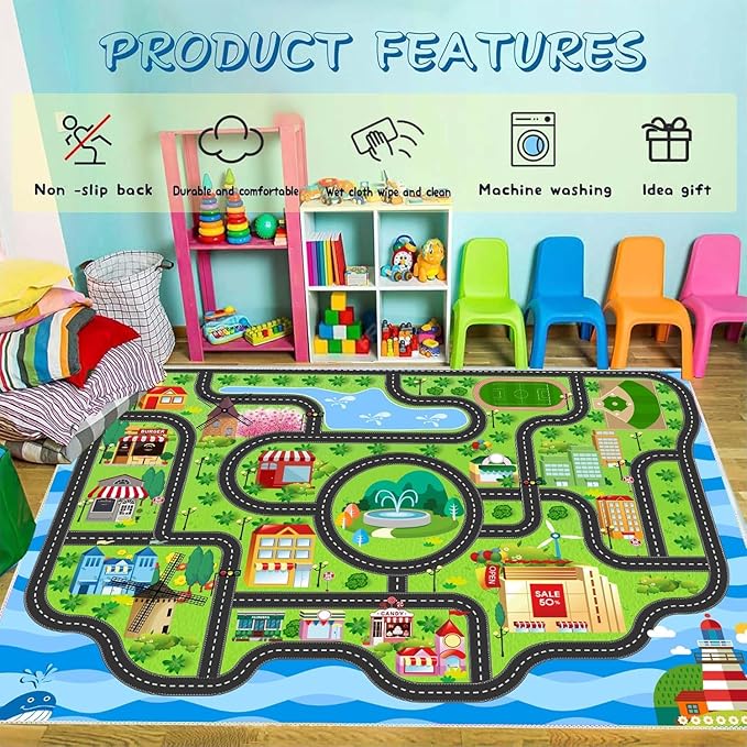 Car Rug,Kids Play Rug with Roads,Playroom Non Slip Car Track City Map for Bedroom Classroom - (59X39.4 Inches)