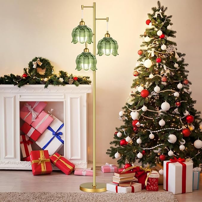 Gold Floor Lamp for Living Room Bedroom,3 Lights Modern Floor Lamps with Unique Green Glass Shades,68IN Mid Century Tall Standing Lamp,Vintage Tree Floor Lamp for Corner Office Reading Bulb Included
