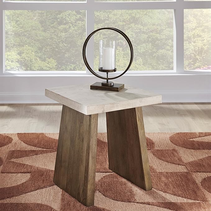 Signature Design by Ashley Brendalhouse Casual End Table with Faux Cement Top and Double Plinth Base, Solid Mango Wood, Melamine Laminate, Casually Cool Design, Light Brown & White