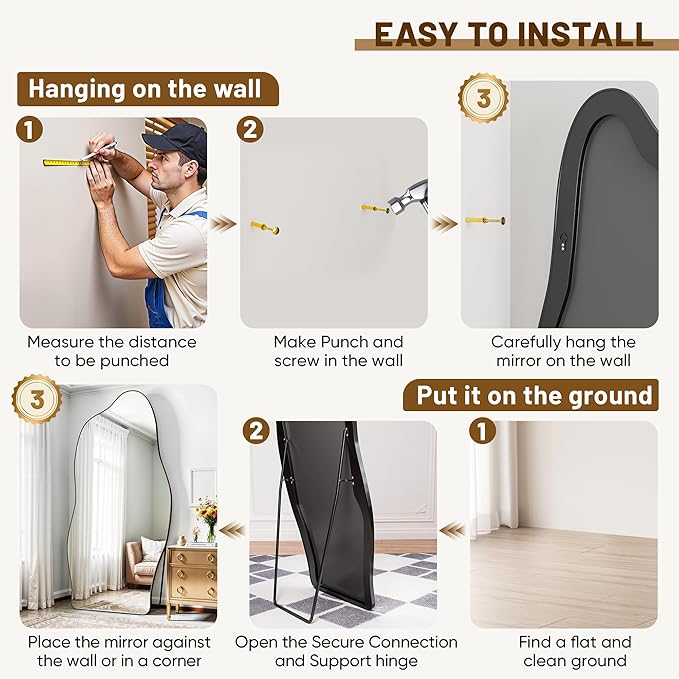 Antok Full Length Mirror, 76"x36" Floor Mirror with Stand, Standing Hanging Leaning Irregular Mirrors for Bedroom Living Room Entryway, Cloud Shaped, Black