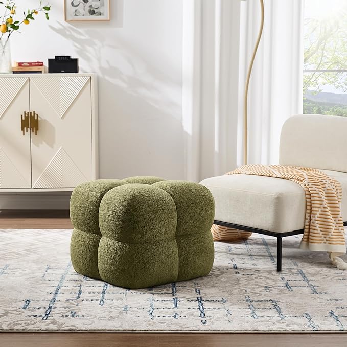 ONEVOG Olive Green‌ Modern Ottoman, 21" Square Fuzzy Couch Sherpa Pouf Ottoman, Tufted Cute Boucle Fabric Foot Stools, Upholsered Footrest & Coffee Table & Vanity Chair for Living Room Bedroom, Dorm