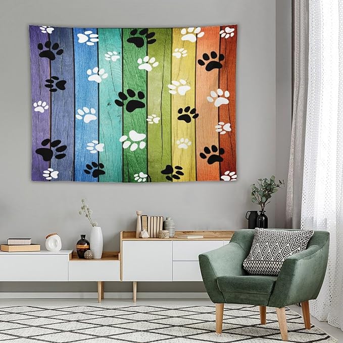 VUMIVI Dog Paw Tapestry Vintage Rustic Colorful Barn Boards Black White Animal Footprints Tapestry Wall Hanging for Living Room Bedroom Dorm Classroom Aesthetic Decor W80xL60in