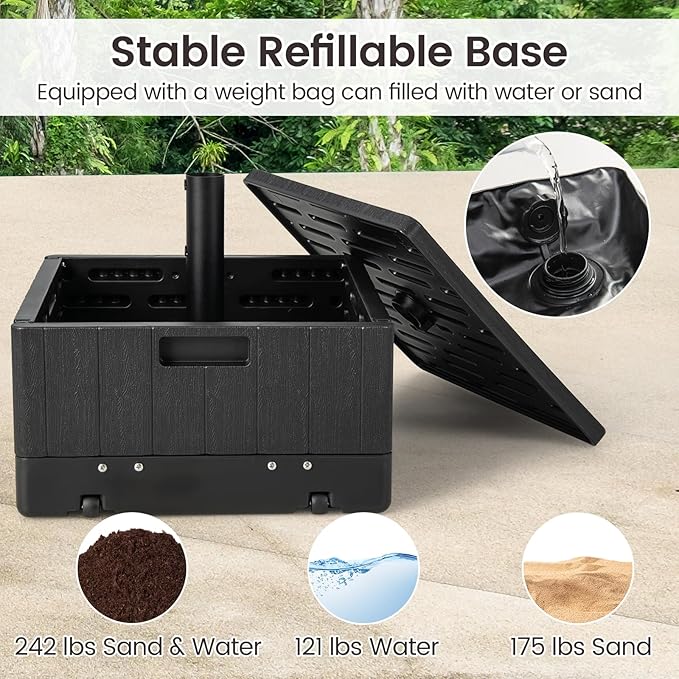 Tangkula 3-in-1 Patio Umbrella Base, 175 LBS Moveable Umbrella Stand w/Table Tray & Weighted Bag, Side Handles, HDPE Frame, 2 Pole Adapters, Garden Coffee Table Planter Box (Black)