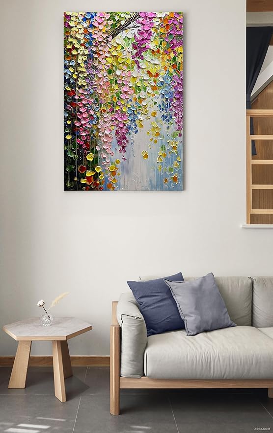 V-inspire Abstract Floral Oil Painting, Hand-Painted Canvas Wall Art, 28 x 40 inches, Colorful Forest Landscape