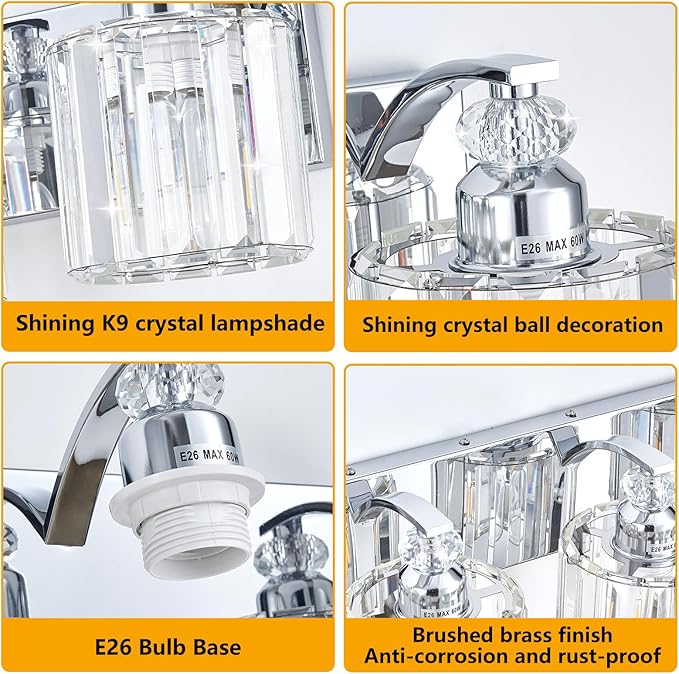 3-Light Modern Bathroom Light Fixture Chrome Vanity Lights Over Mirror Wall Sconce Lighting with K9 Crystal Shades Bathroom Wall Lamp E26 Base for Bedroom, Living Room, Hallway, Cabinet