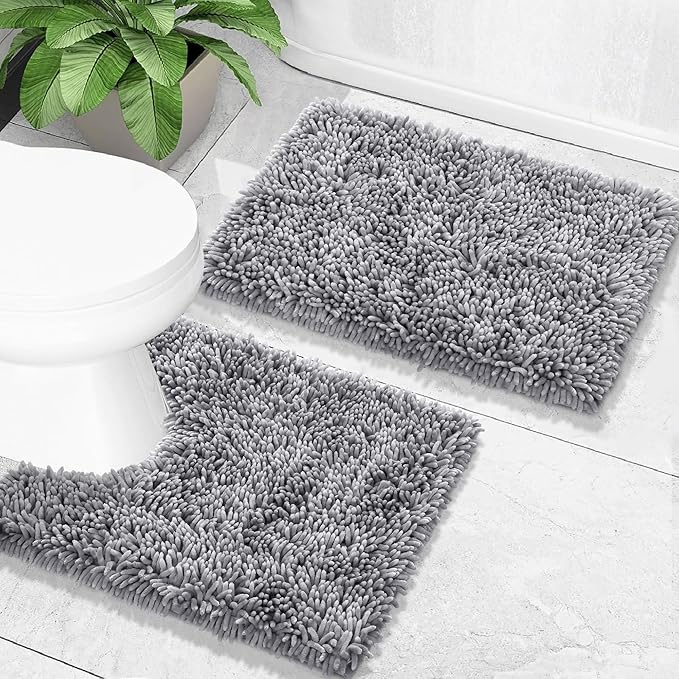 Yimobra Toilet Rugs U Shaped Washable, Extra Thick Soft Absorbent Chenille Contour Bathroom Rugs for Toilet 24x20 Inch, Quick Dry Non Slip Toilet Mat for Bath Floor, Silver