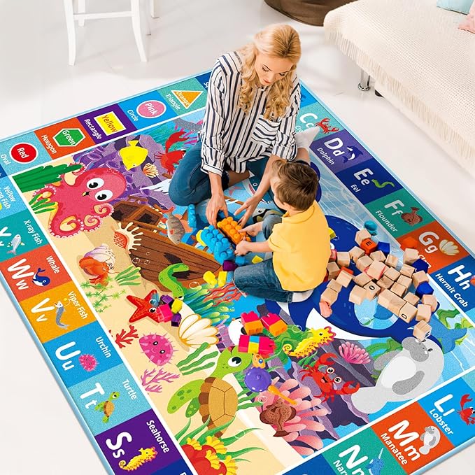 Baby Play Mat for Floor, ABC Kids Play Mat, Sea Animals Kids Rugs for Girls and Boys Playroom, Foldable Rug for Baby Toddler Infants Crawling Playing (Blue, 110.2X78.7 INCH)
