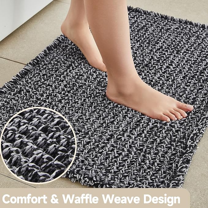 Black and White Bathroom Rugs, Waffle Bath Mat Non Slip Washable Super Absorbent Quick Dry Boho Farmhouse Bathroom Decor, 36"x24" Black and White