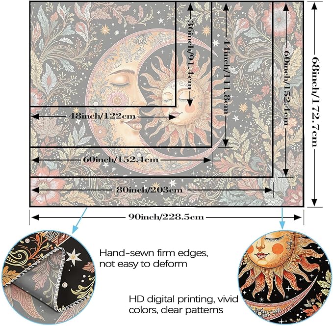 Accnicc Vintage Sun and Moon Tapestry Boho Hippie Floral Wall Tapestry for Bedroom Aesthetic Brown Celestial Spiritual Botanical Plant Large Tapestries Wall Hanging for Living Room Dorm 80 x 60 Inch