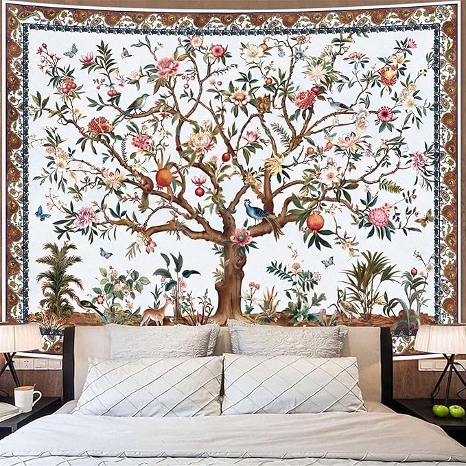 Faxdong Boho Tree of LIfe Tapestry, Vintage Flower Leaves Birds Plant Animal Pattern Tapestries, Retro Indian Bohemian Aesthetic Wall Hanging White 60×80 inch