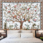 Faxdong Boho Tree of LIfe Tapestry, Vintage Flower Leaves Birds Plant Animal Pattern Tapestries, Retro Indian Bohemian Aesthetic Wall Hanging White 36×48 inch