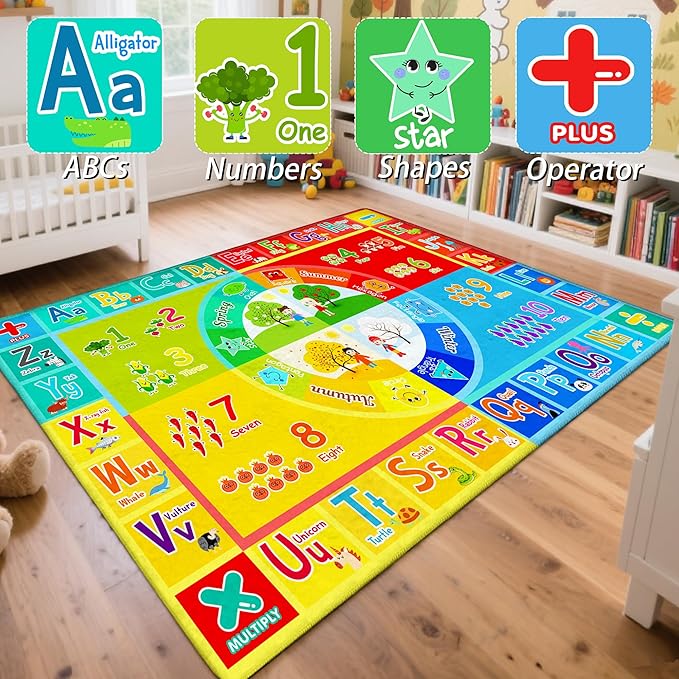8x10 Kids Rug for Classroom & Playroom - ABC Alphabet Educational Area Rug with Animals Numbers & Colors - Non-Slip Carpet Playmat for Nursery Preschool Elementary