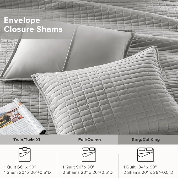 Comfort Spaces - CS14-0060 Kienna Quilt Coverlet Bedspread Ultra Soft Hypoallergenic All Season Lightweight Filling Stitched Bedding Set, King 104"x90", Gray 2 Piece