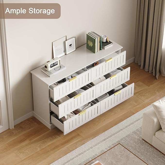 6 Wooden Drawer Dresser for Bedroom Storage, Modern Farmhouse Wood Chest of Drawers with Metal Handles, Wide Storage Cabinet for Closet, Living Room, or Entryway White