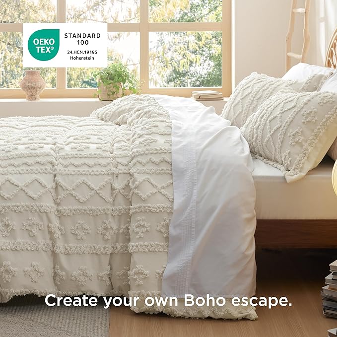 Bedsure Boho Duvet Cover Cal King Size, Soft & Comfortable Elegant Design Boho Bedding for Decoration, Machine Washable Comforter Cover for All Seasons,Includes 1 Duvet Cover & 2 Pillow Shams,Beige