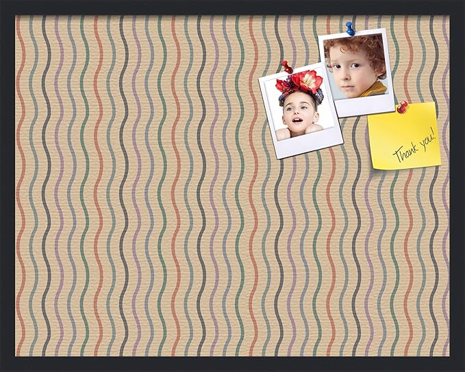 PinPix 28x22 Inch Cork Bulletin Board. This Decorative Framed Pin Board Comes with Multi Color Waves Design and a Satin Black Frame. Ideal for Home Office Decor or Message Board (PinPix-565)