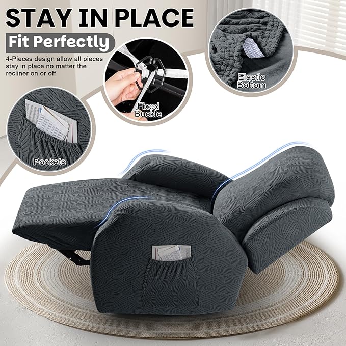 VANSOFY Oversized Recliner Chair Covers, 4-Pieces Stretch Recliner Cover Jacquard Soft Reclining Chair Slipcover Furniture Protector with Elastic Bottom for Lazy Boy Recliner(Dark Gray)
