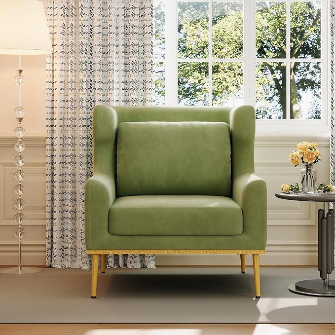 Merax Luxury Velvet Accent Chair, Modern Mid-Century Armchair for Living Room, Bedroom Reading Corner, Comfortable Tufted Single Seater Sofa Chair with Iron Legs (Green)
