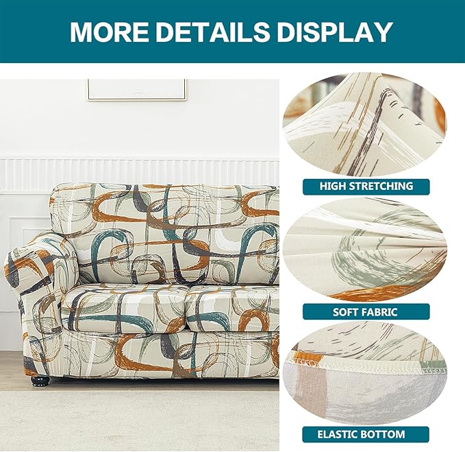 KRFOONN 4 Piece Printed Sofa Couch Cover for 3 Cushion Couches Stretch Sofa Slipcovers with 3 Separate Seat Cushion Covers Washable Furniture Protector with Elastic Bottom (Sofa, 52)