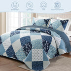 Exclusivo Mezcla Reversible Boho Quilts King Size, Blue Bedspreads Lightweight Coverlet All Season Patchwork Quilt Bedding Set with Printed Floral Pattern (1 Quilt, 2 Pillow Shams)
