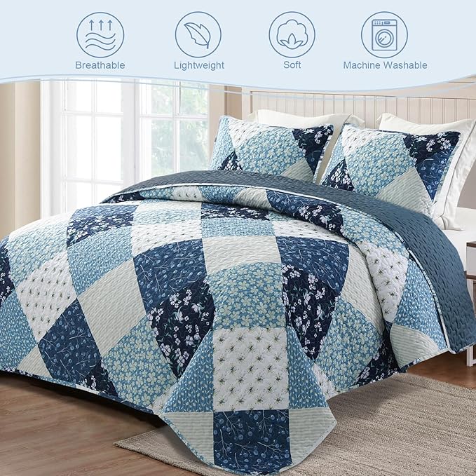 Exclusivo Mezcla Reversible Boho Quilts Twin Size, Blue Bedspreads Lightweight Coverlet All Season Patchwork Quilt Bedding Set with Printed Floral Pattern (1 Quilt, 1 Pillow Sham)