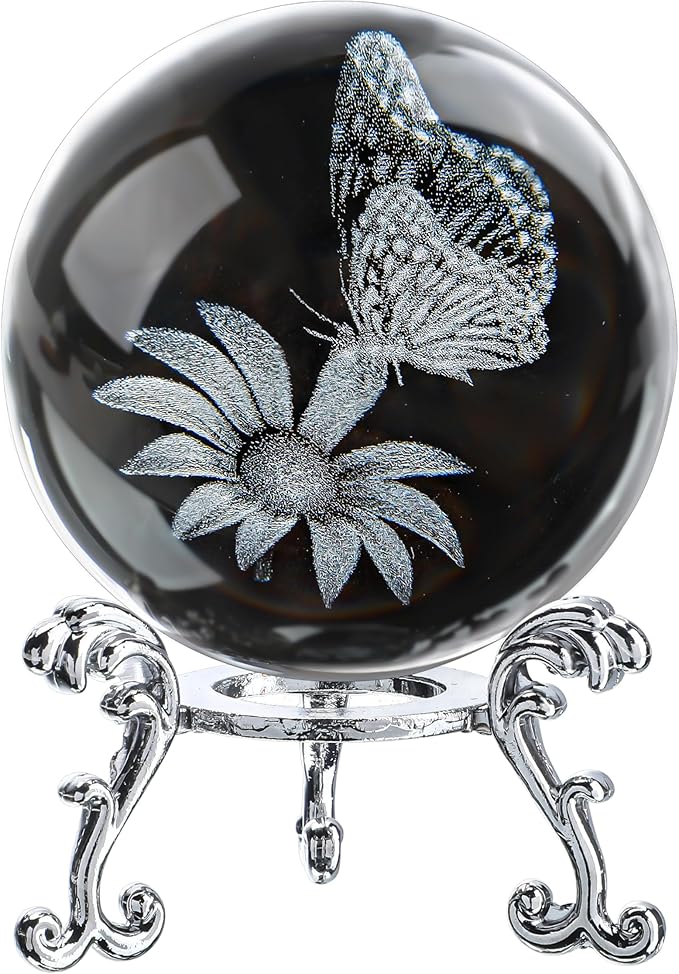 HDCRYSTALGIFTS 60mm Butterfly Crystal Ball Paperweight,3D Laser Engraved Butterfly on Sunflower in Glass Ball with Stand Decorative Glass Sphere Home Decor Gifts for Women Girls