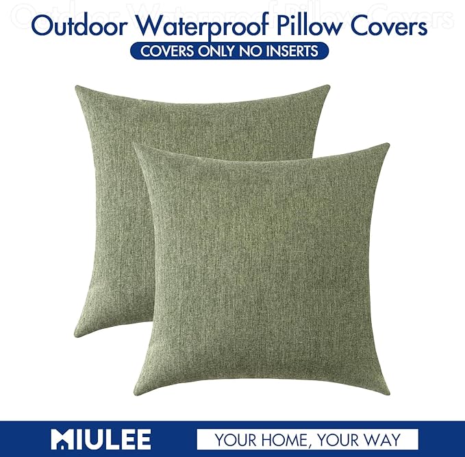 MIULEE Pack of 2 Decorative Outdoor Solid Waterproof Throw Pillow Covers Spring Faux Linen Garden Farmhouse Cushion Cases for Patio Tent Balcony Couch Sofa 18x18 Inch Gray Green