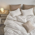 MooMee Striped Duvet Cover Set 100% Washed Cotton Linen Like Textured Breathable Durable Soft Comfy (White Tannish Linen Grey Wide Stripes, Alaska King 132"x120")