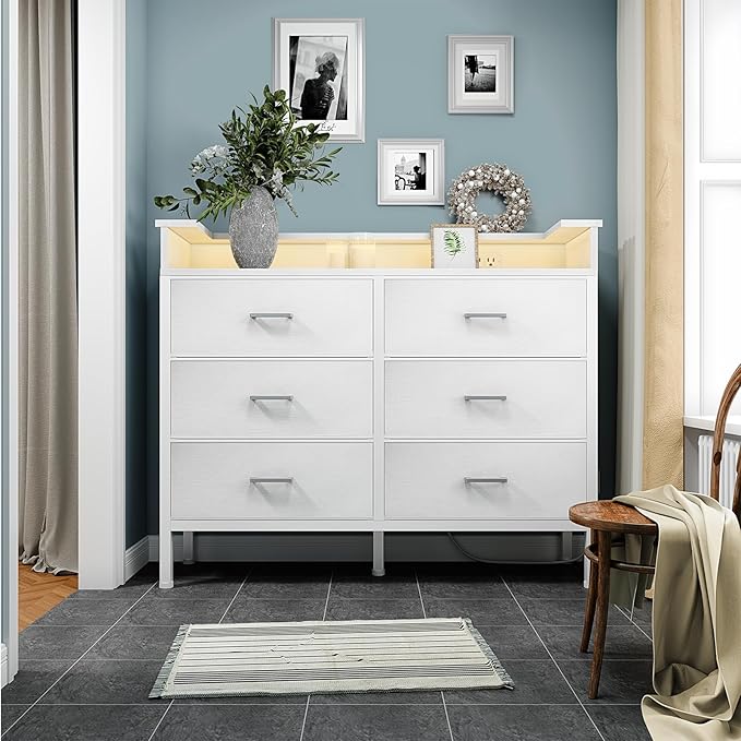BOLUO White Dresser with LED Light and Charging Station for Bedroom 6 Drawer Dresser with USB Outlet, Fabric Dressers & Chests of Drawers Modern