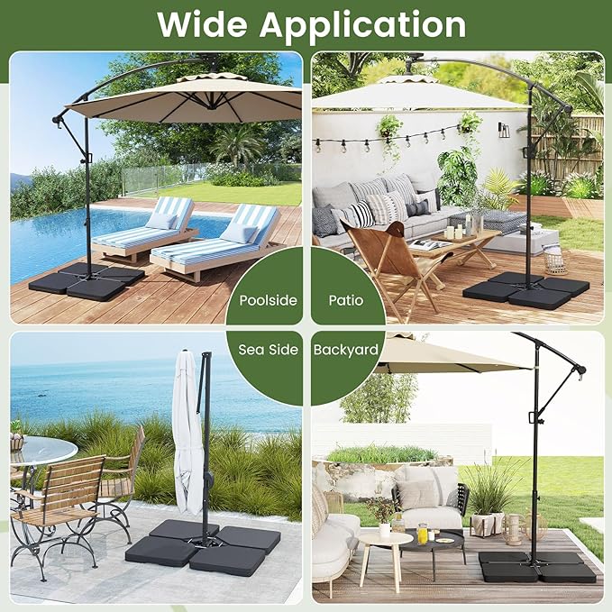 Tangkula 4 Piece 220 Lbs Umbrella Base, Offset Umbrella Weights with 4 Square HDPE Plate & 4 Connection Metal Hooks, Handle, Water & Sand Fillable Cantilever Umbrella Stand for Patio, Garden, Pool