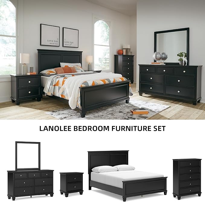 Signature Design by Ashley Lanolee Traditional Dresser with Framed Drawer Fronts and Tapered Feet, 7 Drawers, Satin Nickel Knobs, Wood, 36" High, Black