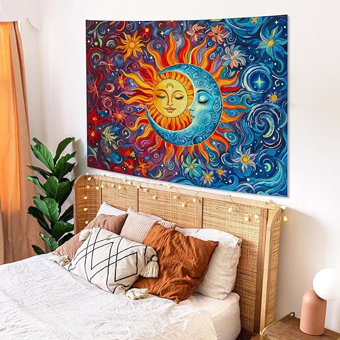 Sun and Moon Tapestry Boho Hippie Orange Red Blue Floral Tapestry for Bedroom Aesthetic Abstract Plant Flowers Stars Small Tapestries Wall Hanging for Living Room Dorm 60 x 44 Inch