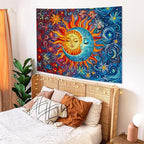 Sun and Moon Tapestry Boho Hippie Orange Red Blue Floral Tapestry for Bedroom Aesthetic Abstract Plant Flowers Stars Small Tapestries Wall Hanging for Living Room Dorm 60 x 44 Inch