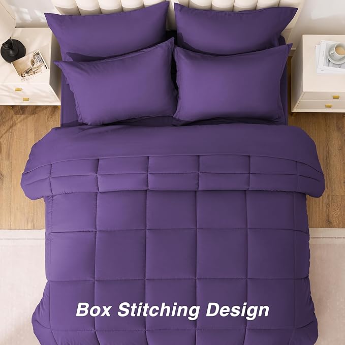 Love's cabin Twin Comforter Set Dark Purple, 5 Pieces Twin Bed in a Bag, All Season Bedding Sets with 1 Comforter, 1 Flat Sheet, 1 Fitted Sheet, 1 Pillowcase and 1 Pillow Sham