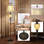 Vintage Floor Lamp with Nightlight, 64" Tall Lamp with Beige Faux Silk Shade, Rotary Switch, Farmhouse Design Brown Standing Lamp for Living Room Bedroom Office Dining Room Corner (LED Bulb Included)