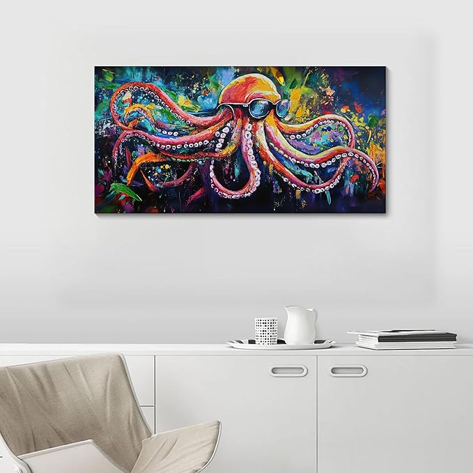 JEAWA Octopus Canvas Wall Art, Abstract Marine Life Modern Graffiti Texture Wall Painting for Living Room Bathroom Bedroom Men Teenage Boy Room Game Room Cool Posters Pictures Decor 20x40 IN
