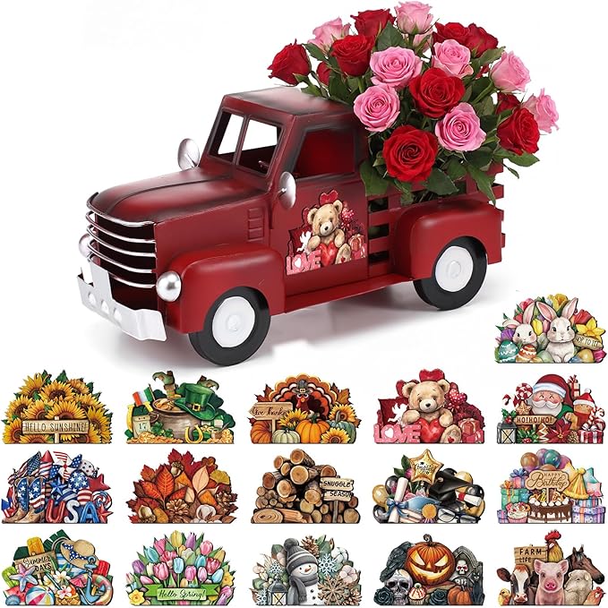 Valentines Day Truck Decor 12.2 Inch Farmhouse Vintage Metal Truck with 16 Magnet Valentines Table Decoration for Home Kitchen Spring Mantel Holiday Interchangeable Seasonal Decor(Red)