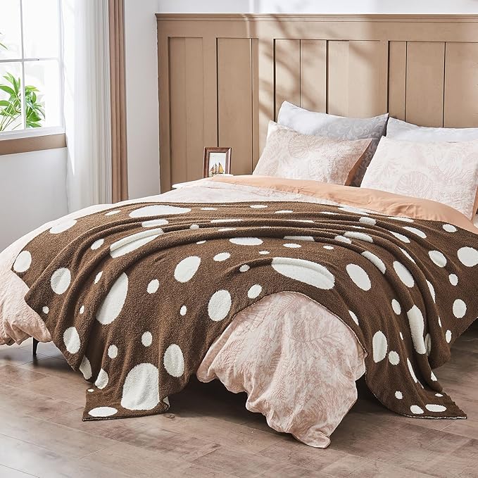 CozeCube Super Soft Fullfy Microfiber Reversible Knitted Blankets, Warm Cozy Fuzzy Plush Throw, Dark Brown and White Polka Dot Throw Blanket for Couch Bed Sofa, 50" x 60"