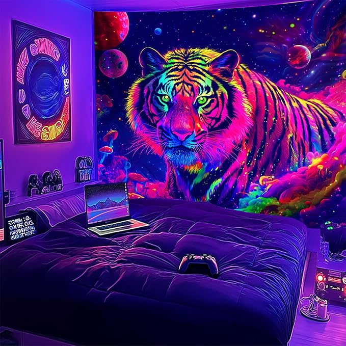 NYZE Tiger Space Tapestry for Bedroom, Glow in the Dark Room Decor Wall Tapestries, Cool Galaxy Planet Wall Hanging, Wall Hanging for Gamer Room Dorm Living Room 59in×51in