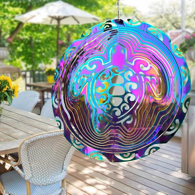 Wind Spinner Outdoor Metal 3D Wind Spinner Hanging Turtle Yard Garden Decor Gifts Stainless Steel Turtle Spinners with 360° Rotating Hook