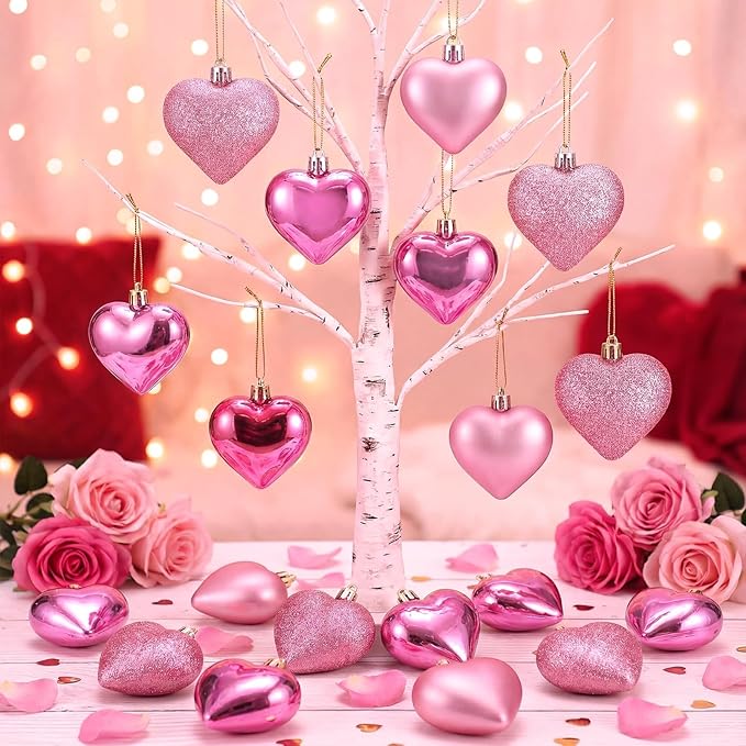 XmasExp Valentines Day Decor Heart Ornaments for Christmas Tree Decorations Set of 24 Pink Heart Shaped Bauble Perfect for Valentine's Day Wedding Anniversaries and Party Supplies（Pink）