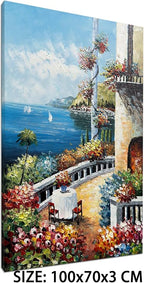 Alenoss Hand Painted Abstract Vertical Canvas Wall Art 28x40 Inches Large 3D Modern Acrylic Painting Mediterranean Sea Landscape Blue Artwork Wall Decor for Home Decorations