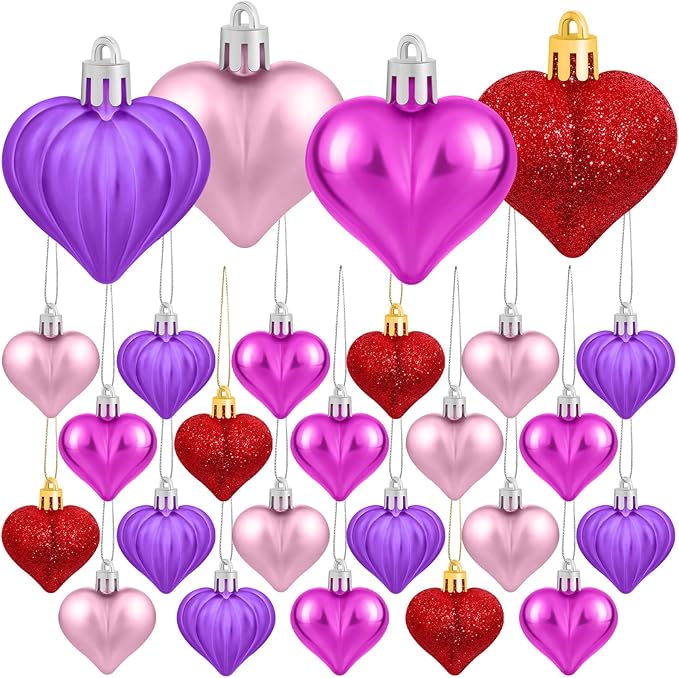 Elcoho 48 Pieces Valentine's Day Heart Shaped Baubles Hanging Heart Ornaments Valentines Tree Decorations for Valentines Day Ornaments Party Wedding Anniversary Decor, Red, Hot Pink, Pink, Purple