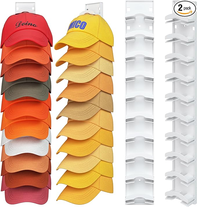 Hat Organizer Hold up to 20 Hats, 2 Pack Hat Rack for Wall with Strong Adhesive, Hat Organizer for Baseball Caps Display for Door Closet, Hat Hanger Holder Multilayer Two Mounting Option(White)
