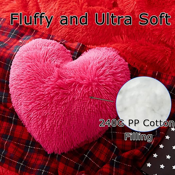MorroMorn Fluffy Heart Throw Pillows, Shaggy Decorative Pillow for Sofa Couch Bed, Cute Room Decor Decorations for Women Girls Kids (Hot Pink)