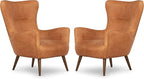 Poly & BARK Aida Leather Lounge Chair Set of 2 – 40.5” Mid-Century Accent Chairs for Living Room or Bedroom – Full-Grain Italian Leather, Feather-Down Comfort, Solid Wood Legs – Cognac Tan
