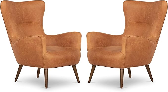 Poly & BARK Aida Leather Lounge Chair Set of 2 – 40.5” Mid-Century Accent Chairs for Living Room or Bedroom – Full-Grain Italian Leather, Feather-Down Comfort, Solid Wood Legs – Cognac Tan